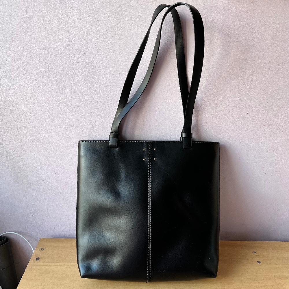 Brand New Black Leather Tote Zip Top Bag by Cristian Italy